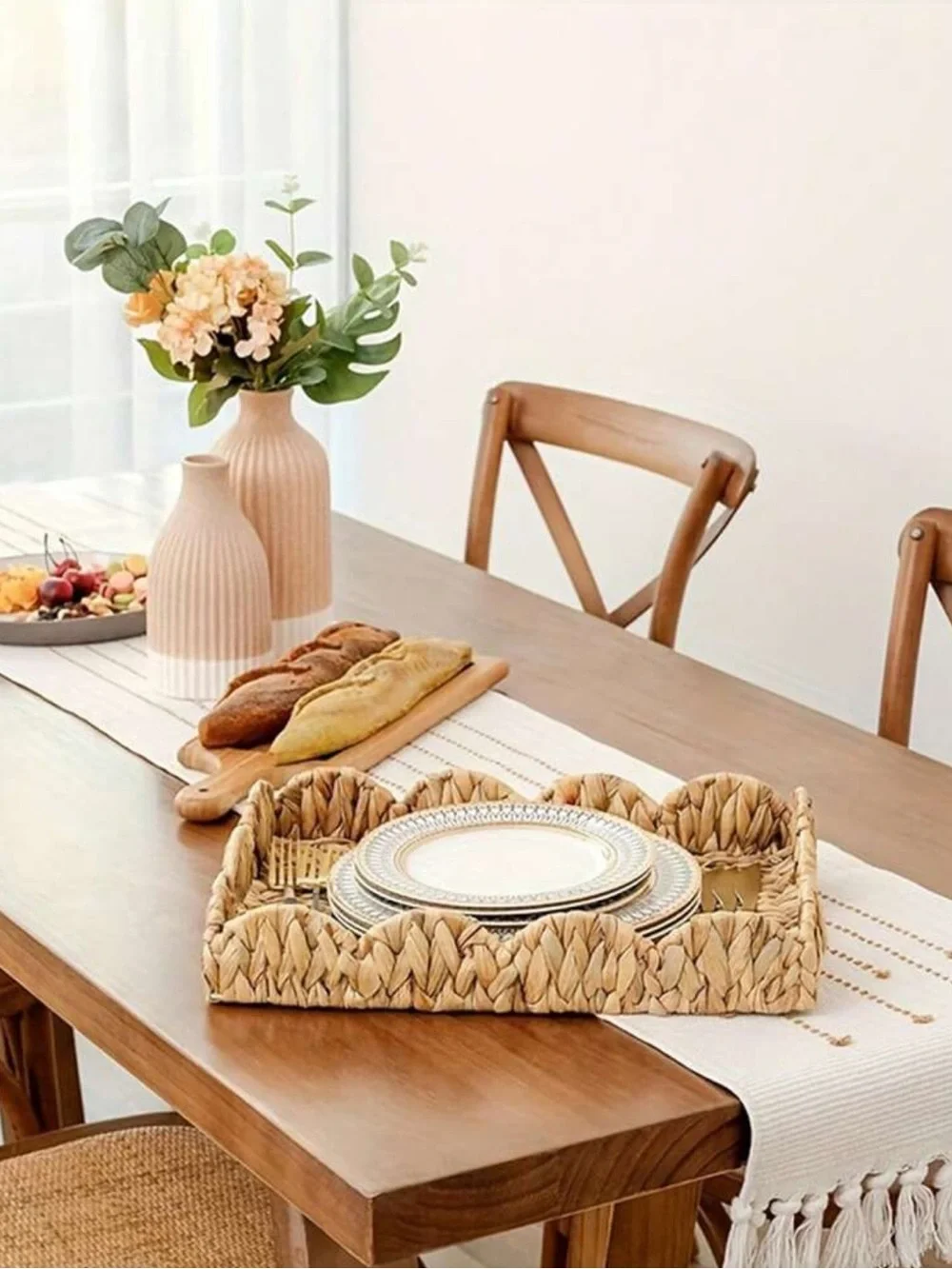 Boho Woven Decorative Tray Large Khaki Scalloped Edge Serving Tray